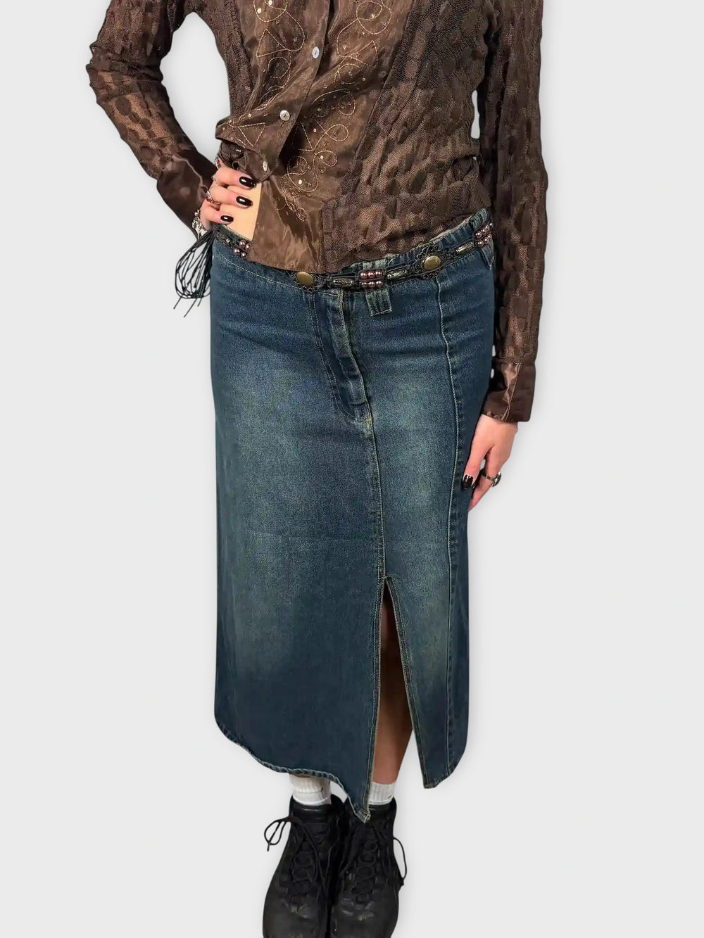 front view, Tmx Denim Maxi Skirt with Front Slit, vintage Y2K second hand piece