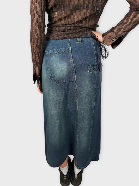 back view, Tmx Denim Maxi Skirt with Front Slit, vintage Y2K second hand piece