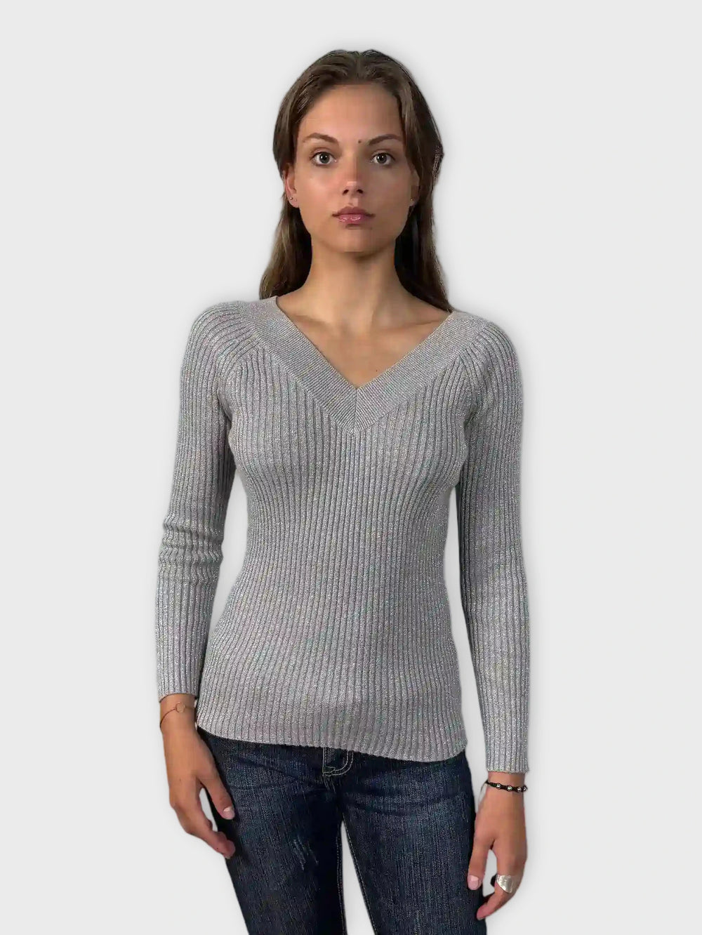 Grey Shimmer V-Cut Knit Sweater (S)