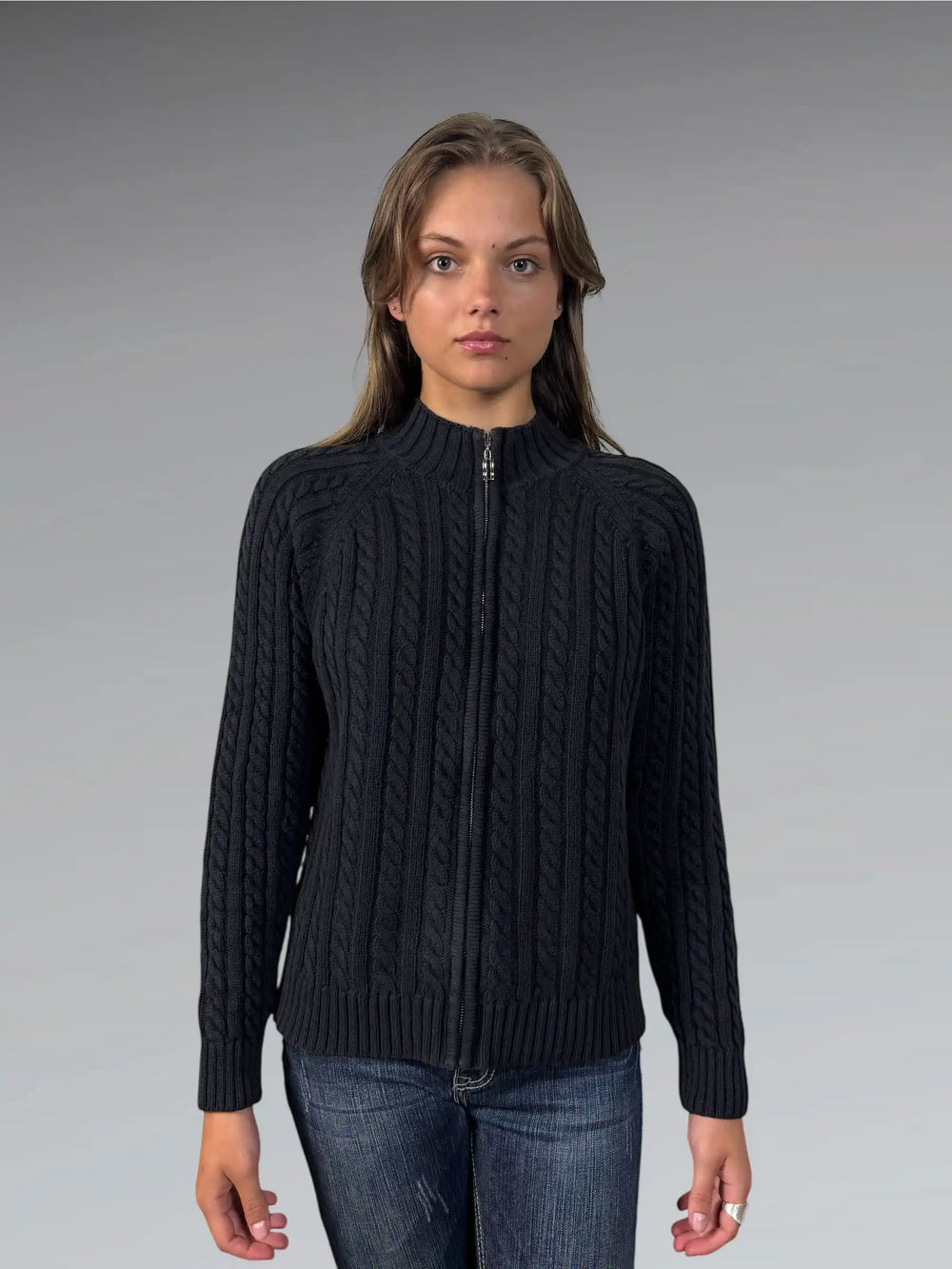 front view, Splendor Black Cable Knit Zip Sweater, vintage Y2K second hand piece