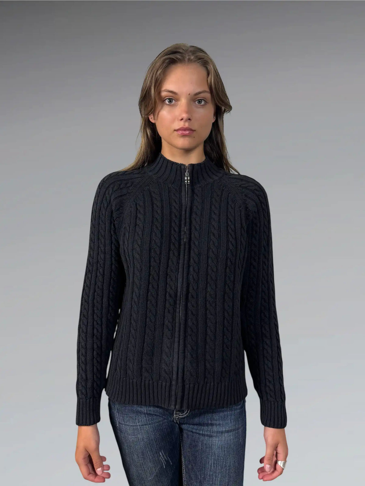 front view, Splendor Black Cable Knit Zip Sweater, vintage Y2K second hand piece
