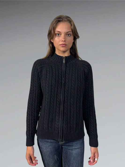 front view, Splendor Black Cable Knit Zip Sweater, vintage Y2K second hand piece