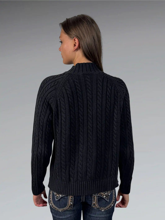back view, Splendor Black Cable Knit Zip Sweater, vintage Y2K second hand piece