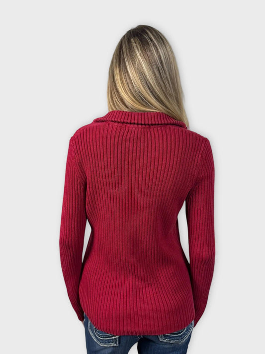 back view, Goldie Bauer Red Ribbed Knit Sweater with Subtle Pattern, vintage Y2K second hand piece