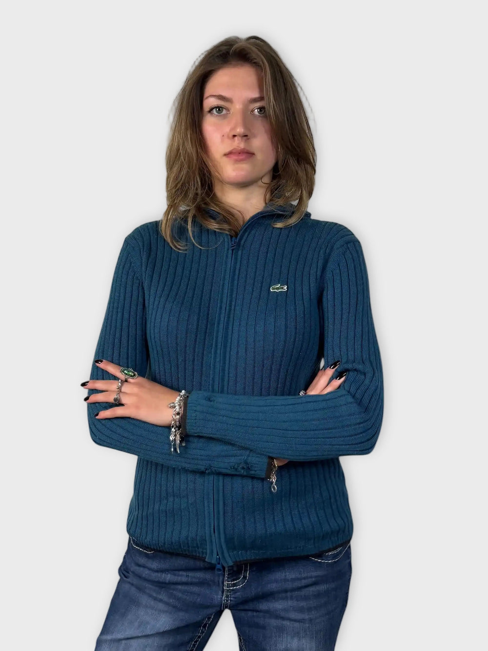 front view, Lacoste Blue Ribbed Zip-Up Cardigan, vintage Y2K second hand piece