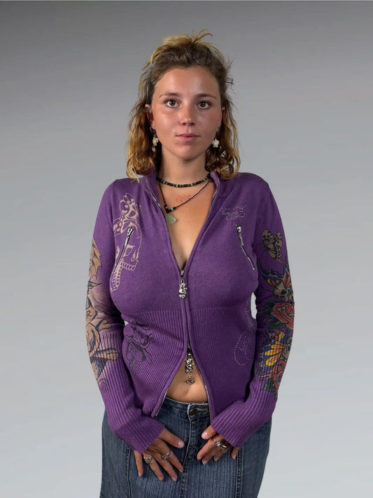 front view, Ed Hardy Purple Skull Tattoo Zip Jacket, vintage Y2K second hand piece