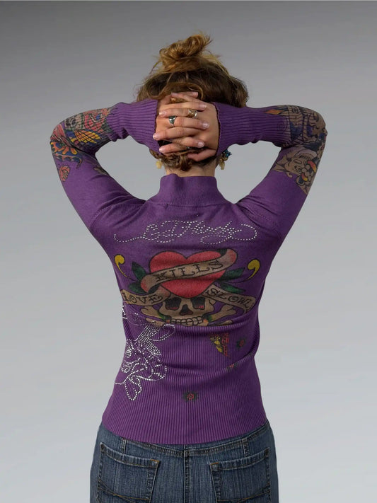 back view, Ed Hardy Purple Skull Tattoo Zip Jacket, vintage Y2K second hand piece