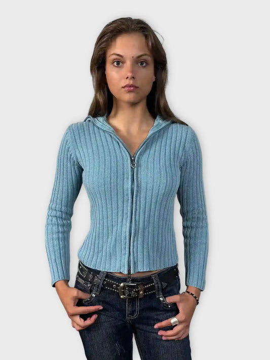 front view, Twik Turquoise Ribbed Zip Cardigan, vintage Y2K second hand piece