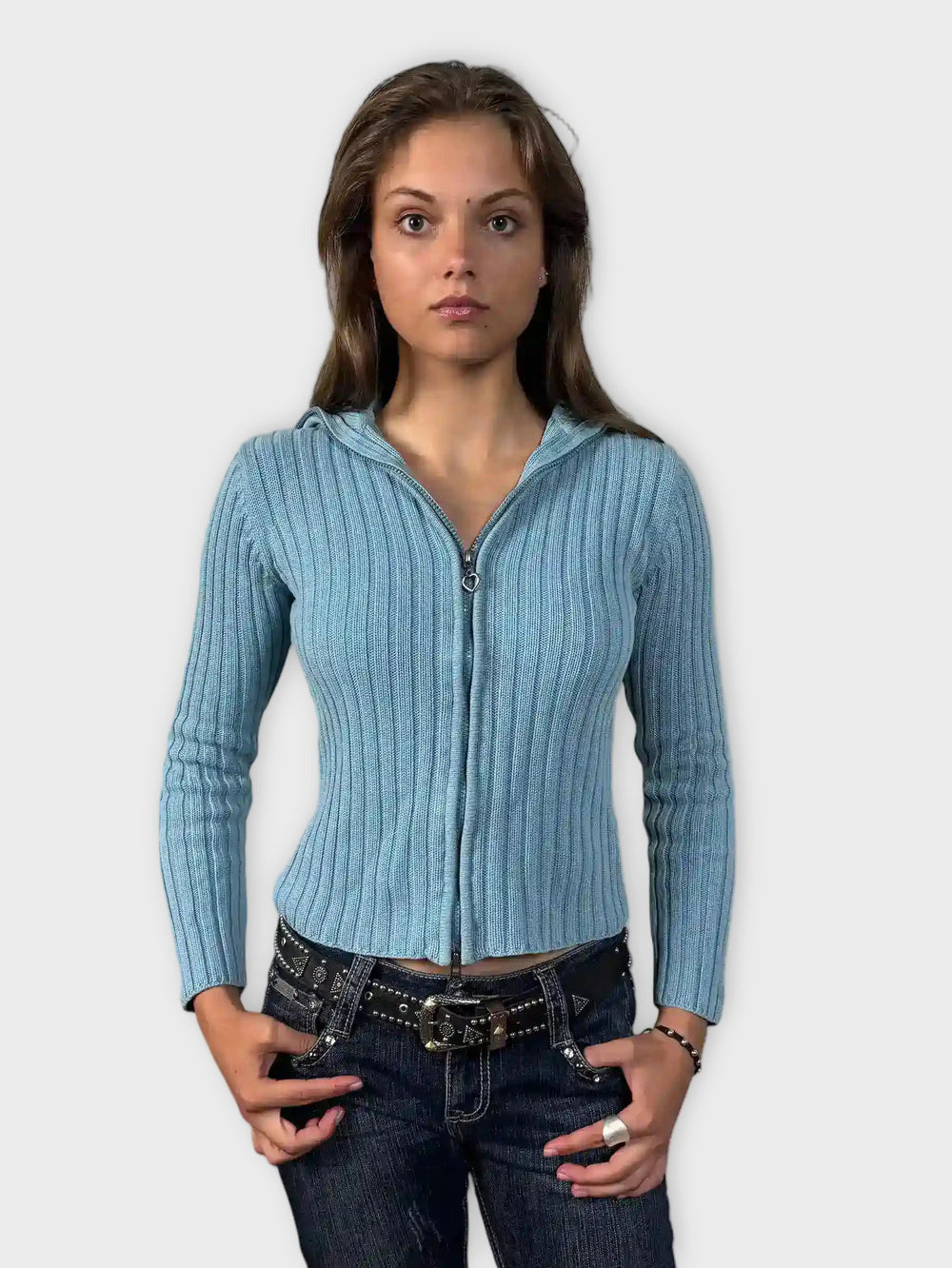 front view, Twik Turquoise Ribbed Zip Cardigan, vintage Y2K second hand piece