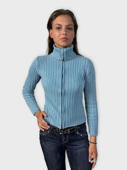 back view, Twik Turquoise Ribbed Zip Cardigan, vintage Y2K second hand piece