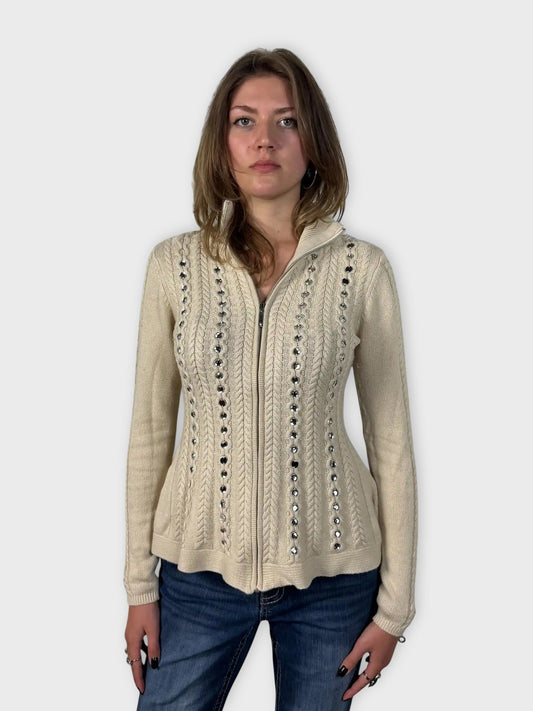 front view, Boston Proper Beige Cable Knit Sweater with Rhinestone Embellishments, vintage Y2K second hand piece