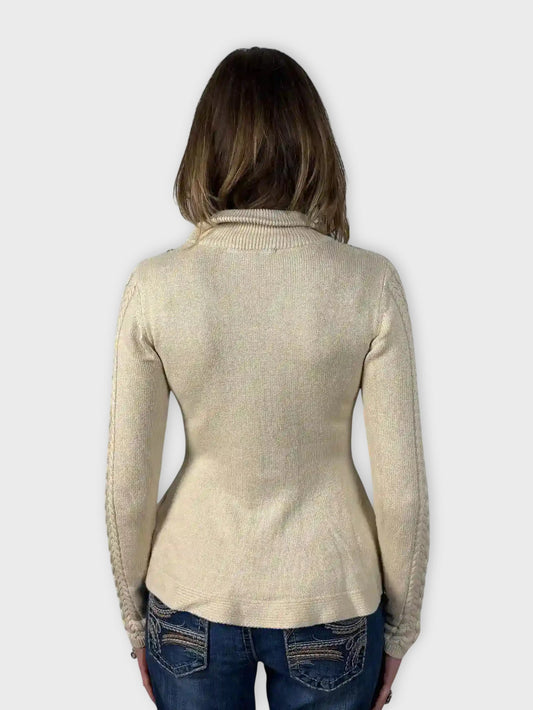 back view, Boston Proper Beige Cable Knit Sweater with Rhinestone Embellishments, vintage Y2K second hand piece