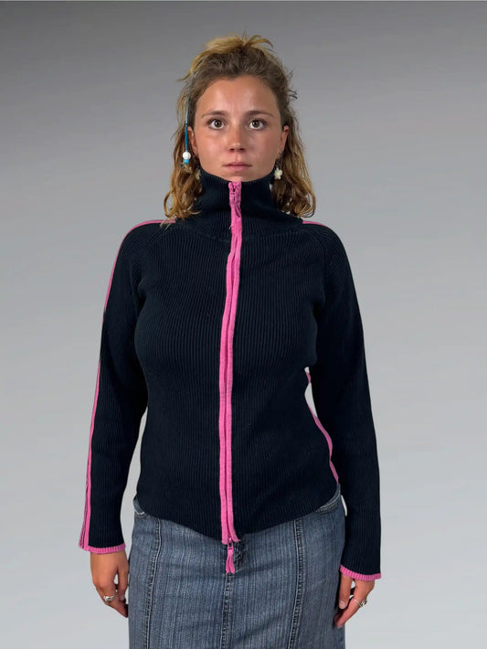 front view, Jana Black and Pink Striped Turtle Neck Sweater, vintage Y2K second hand piece