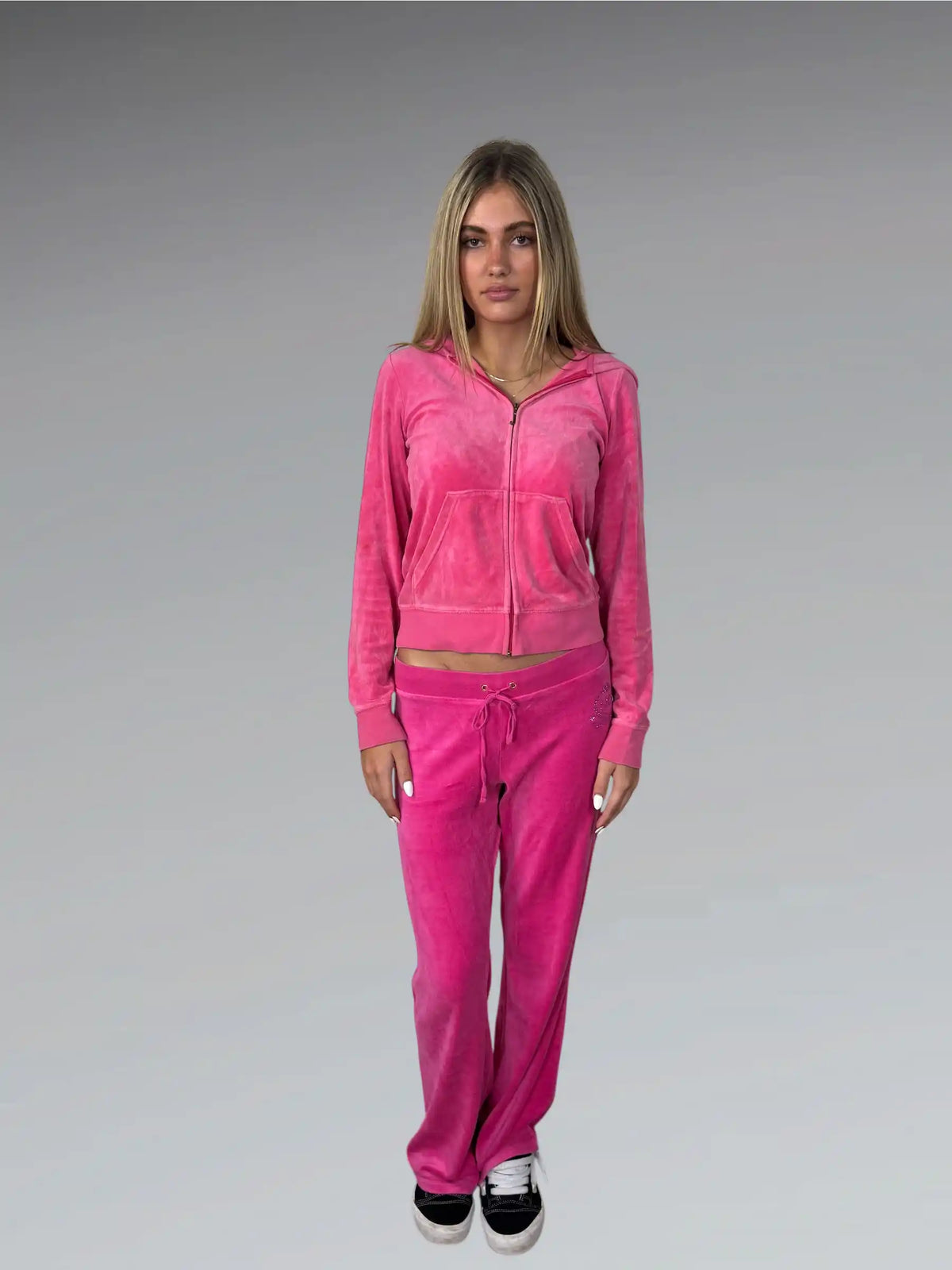 detail view, Pink Juicy Couture Velour Hoodie with Ornate Back Print, vintage Y2K second hand piece