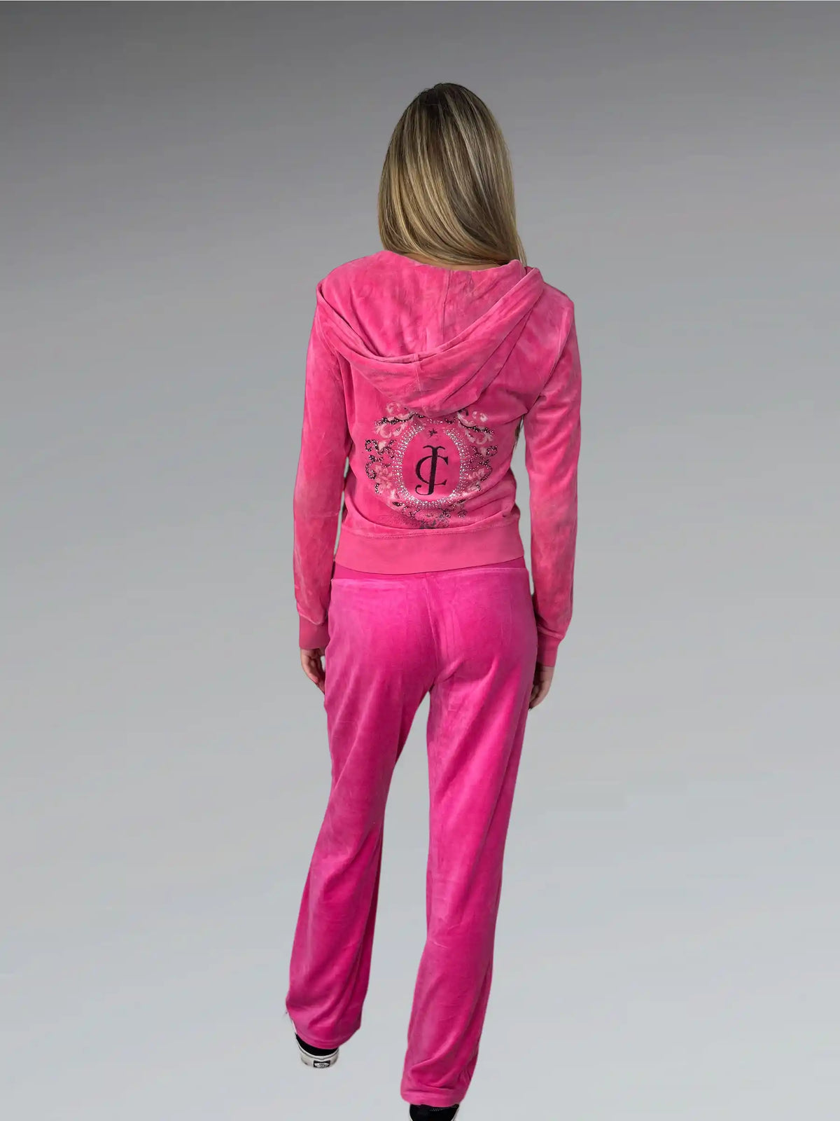 detail view, Pink Juicy Couture Velour Hoodie with Ornate Back Print, vintage Y2K second hand piece, image 4
