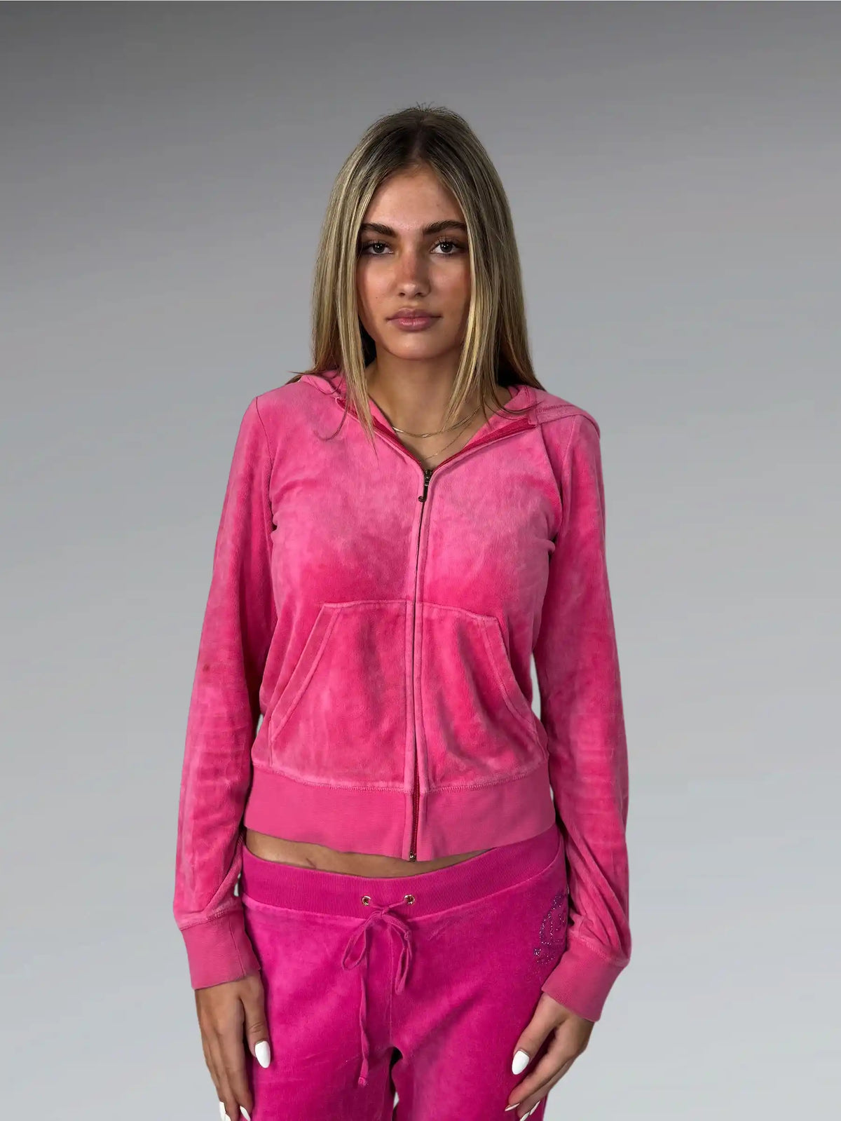 front view, Pink Juicy Couture Velour Hoodie with Ornate Back Print, vintage Y2K second hand piece