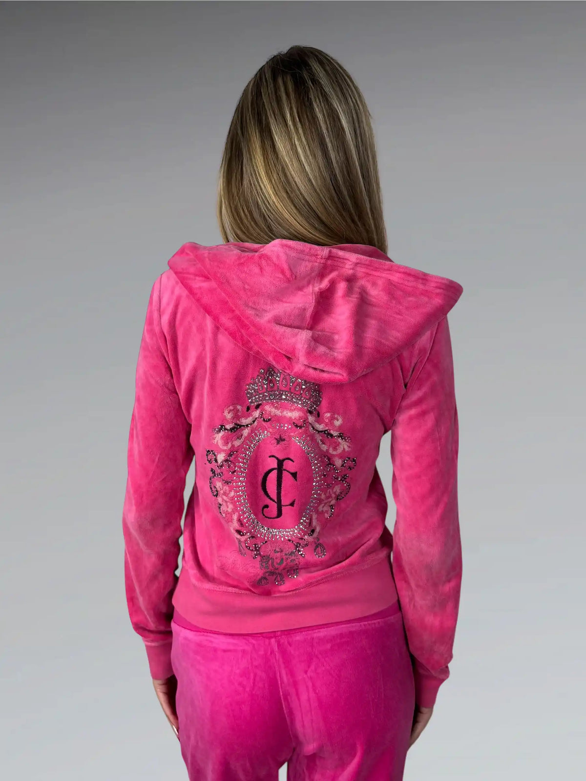 back view, Pink Juicy Couture Velour Hoodie with Ornate Back Print, vintage Y2K second hand piece