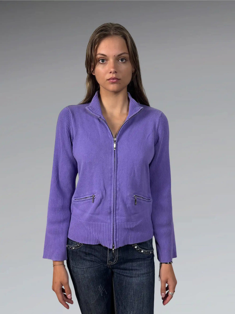 front view, Raffaela Purple Zip Sweater, vintage Y2K second hand piece