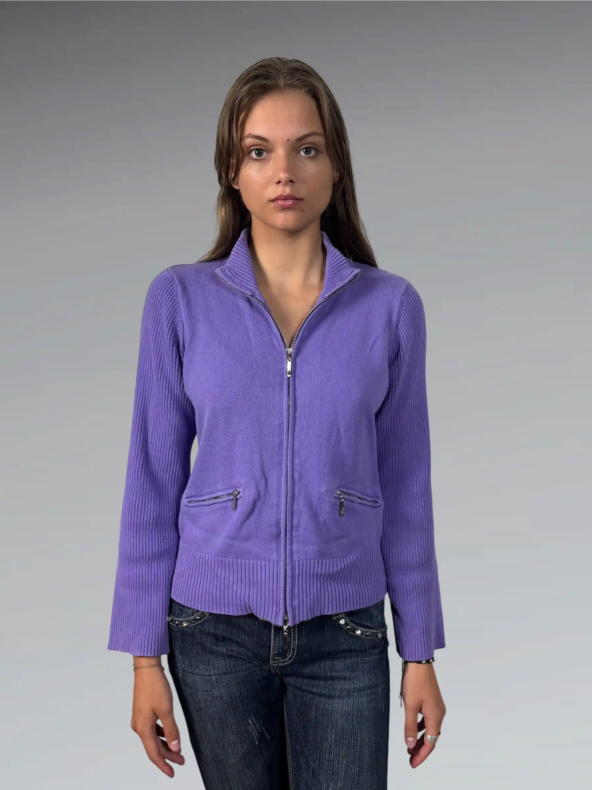 front view, Raffaela Purple Zip Sweater, vintage Y2K second hand piece