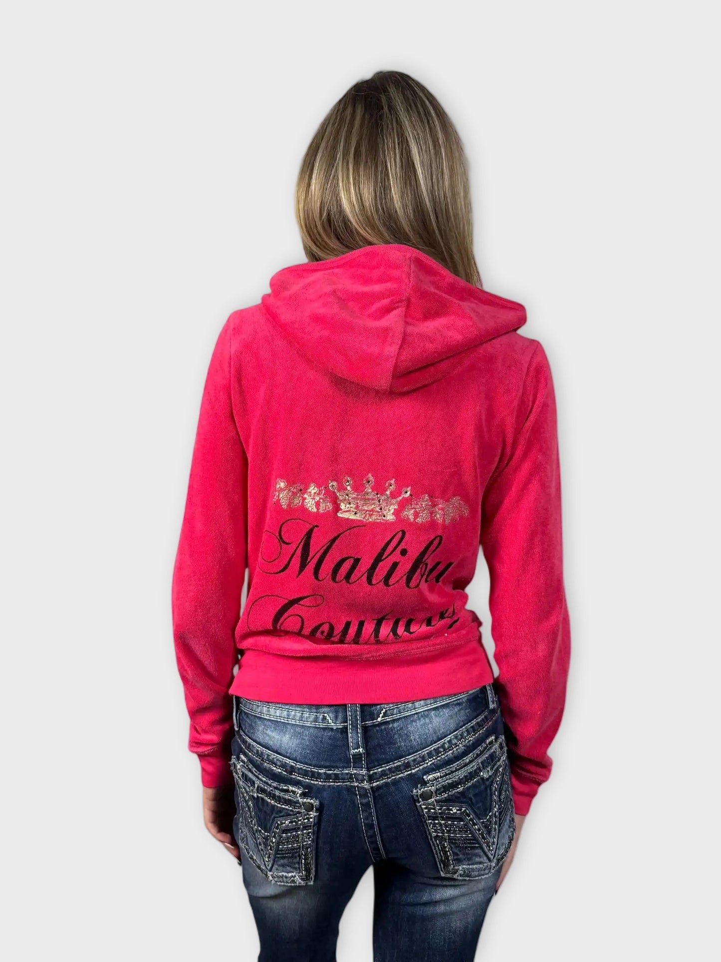Pink Juicy Couture Velour Hoodie with Malibu Couture Graphic (L)