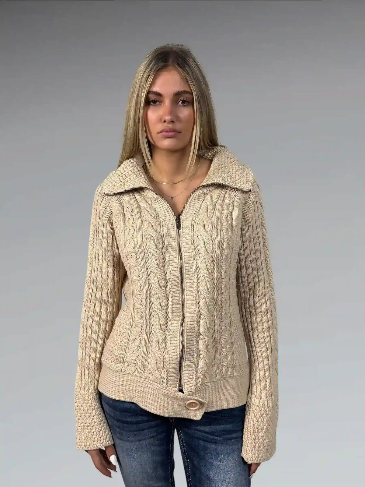 front view, DKNY Beige High-Collar Wool Blend Cable Knit Sweater, vintage Y2K second hand piece