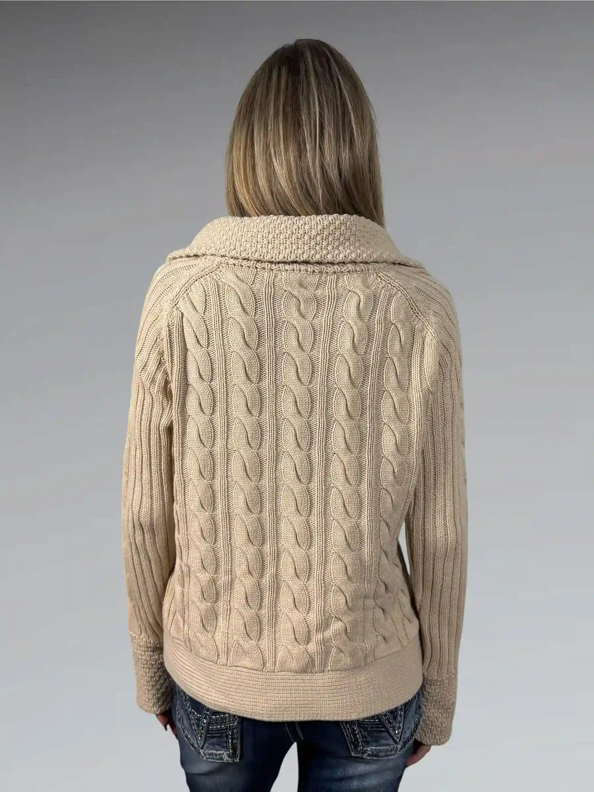 back view, DKNY Beige High-Collar Wool Blend Cable Knit Sweater, vintage Y2K second hand piece
