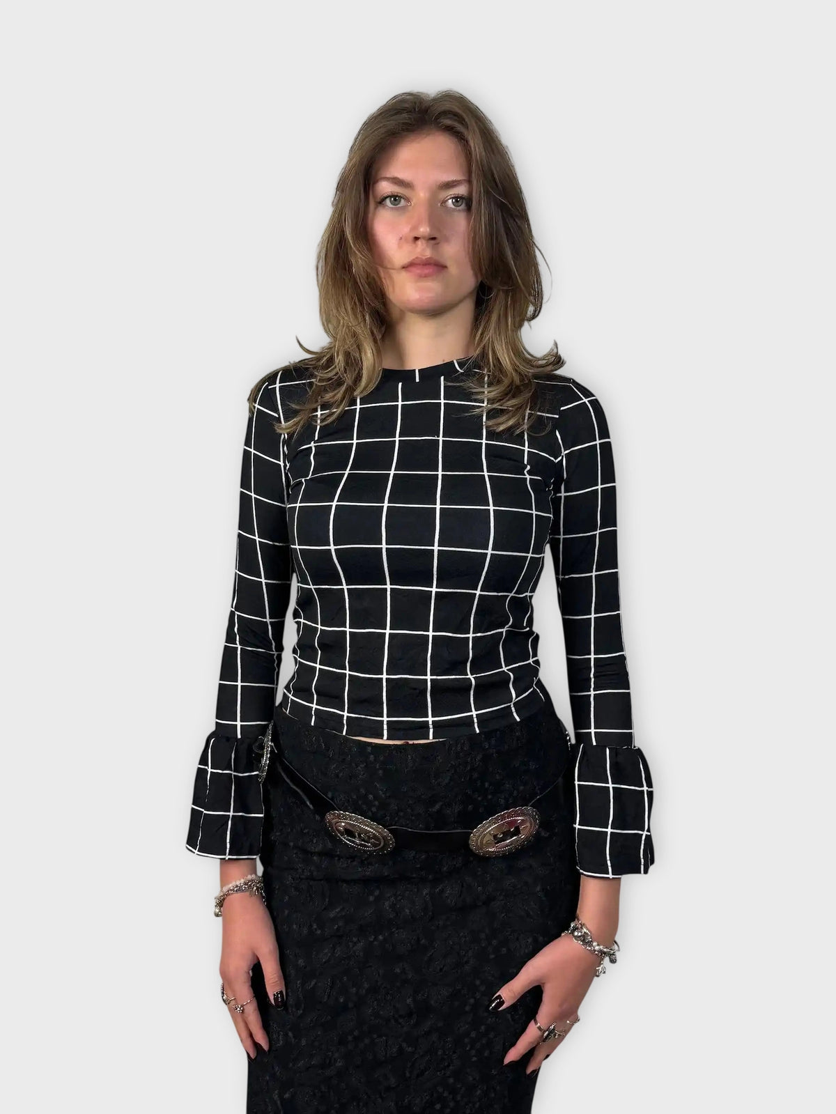 front view, Black and White Checkered Bell Sleeve Top, vintage Y2K second hand piece
