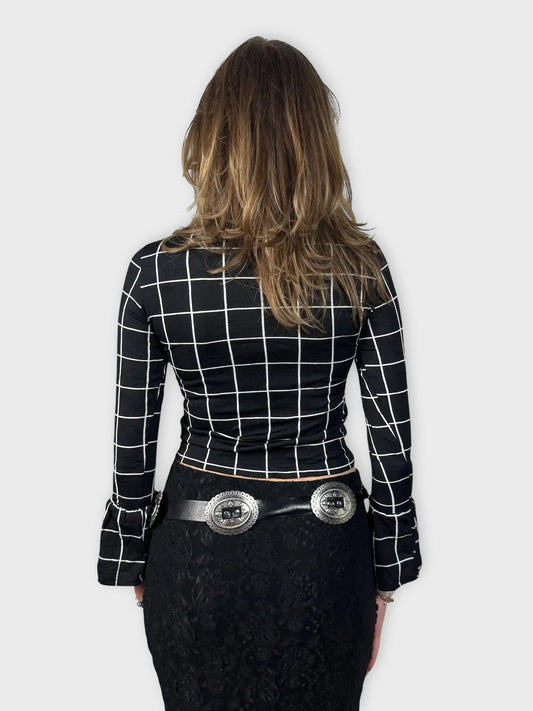 back view, Black and White Checkered Bell Sleeve Top, vintage Y2K second hand piece