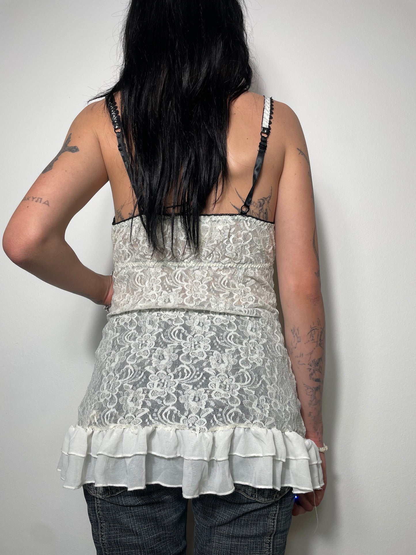 back view, Cinema Exoile white lace lingerie dress, vintage Y2K second hand piece
