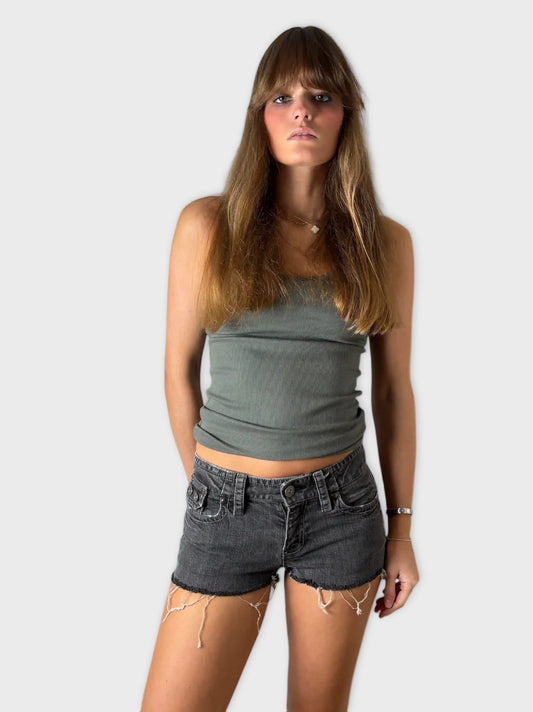 front view, Low Rise Flare Grey Denim Hotpants, vintage Y2K second hand piece