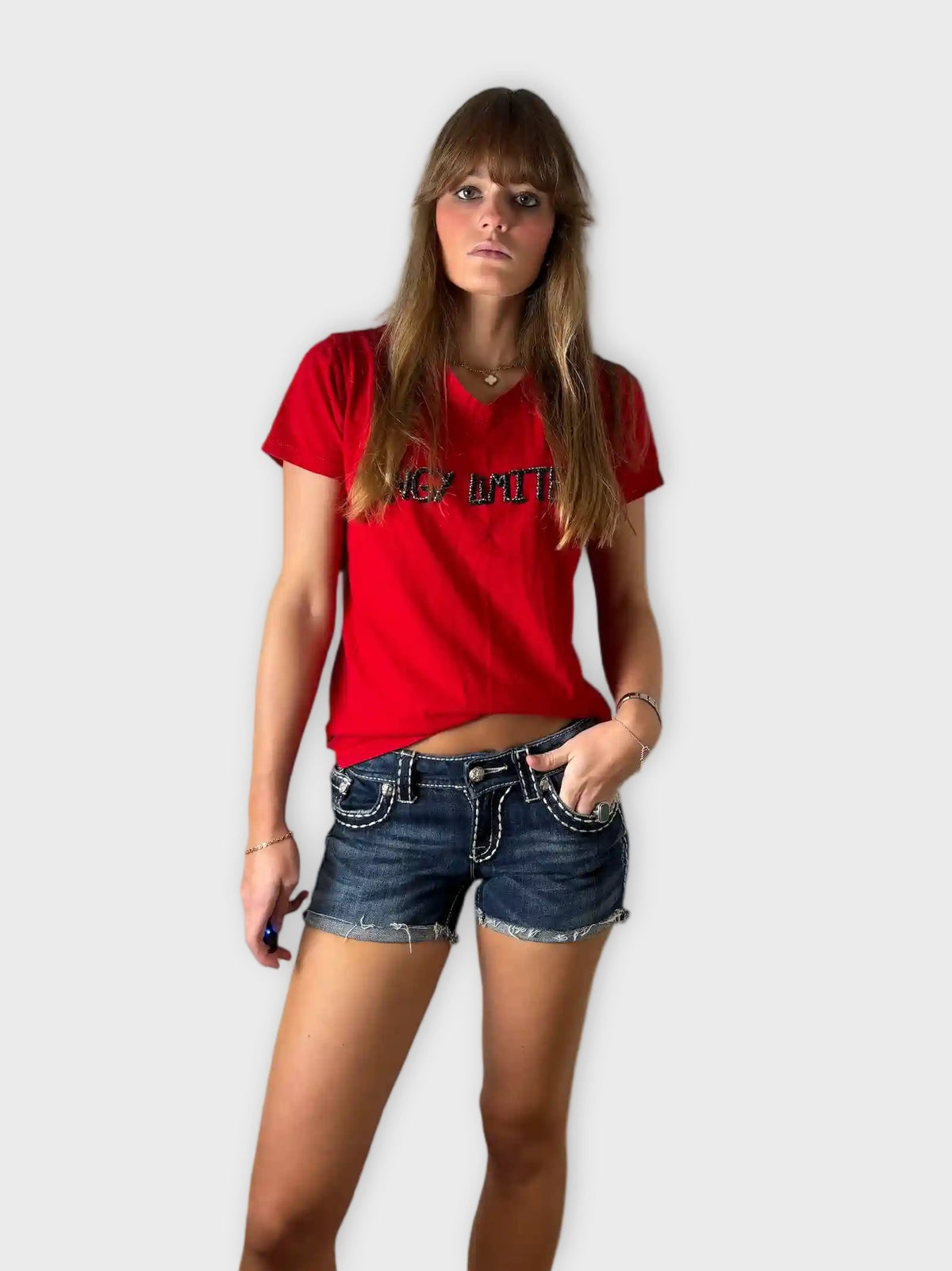 front view, Miss Me Rolled Hem Embellished Denim Hotpants, vintage Y2K second hand piece