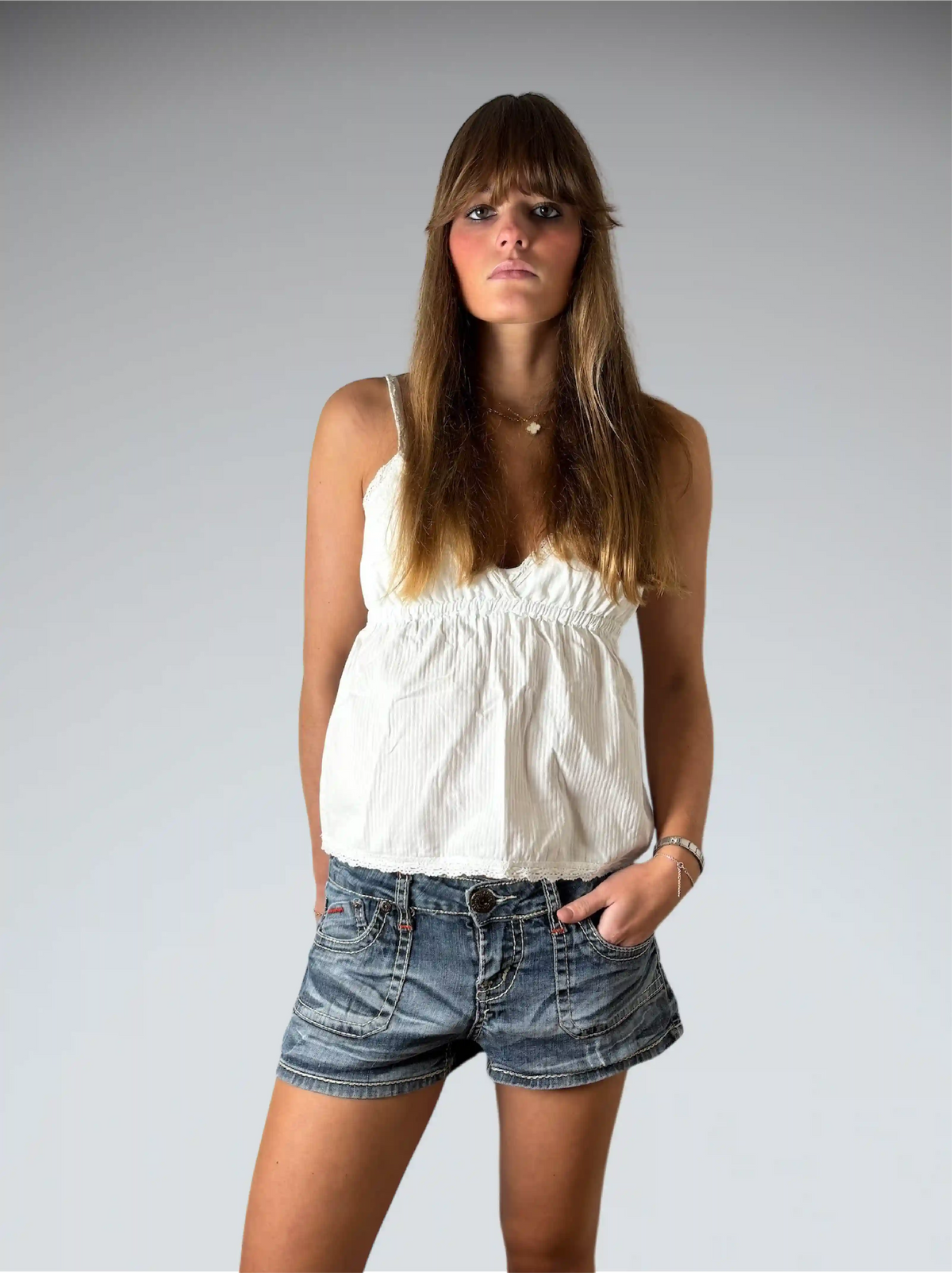 front view, Zanadi Light Wash Rolled Hem Denim Hotpants, vintage Y2K second hand piece