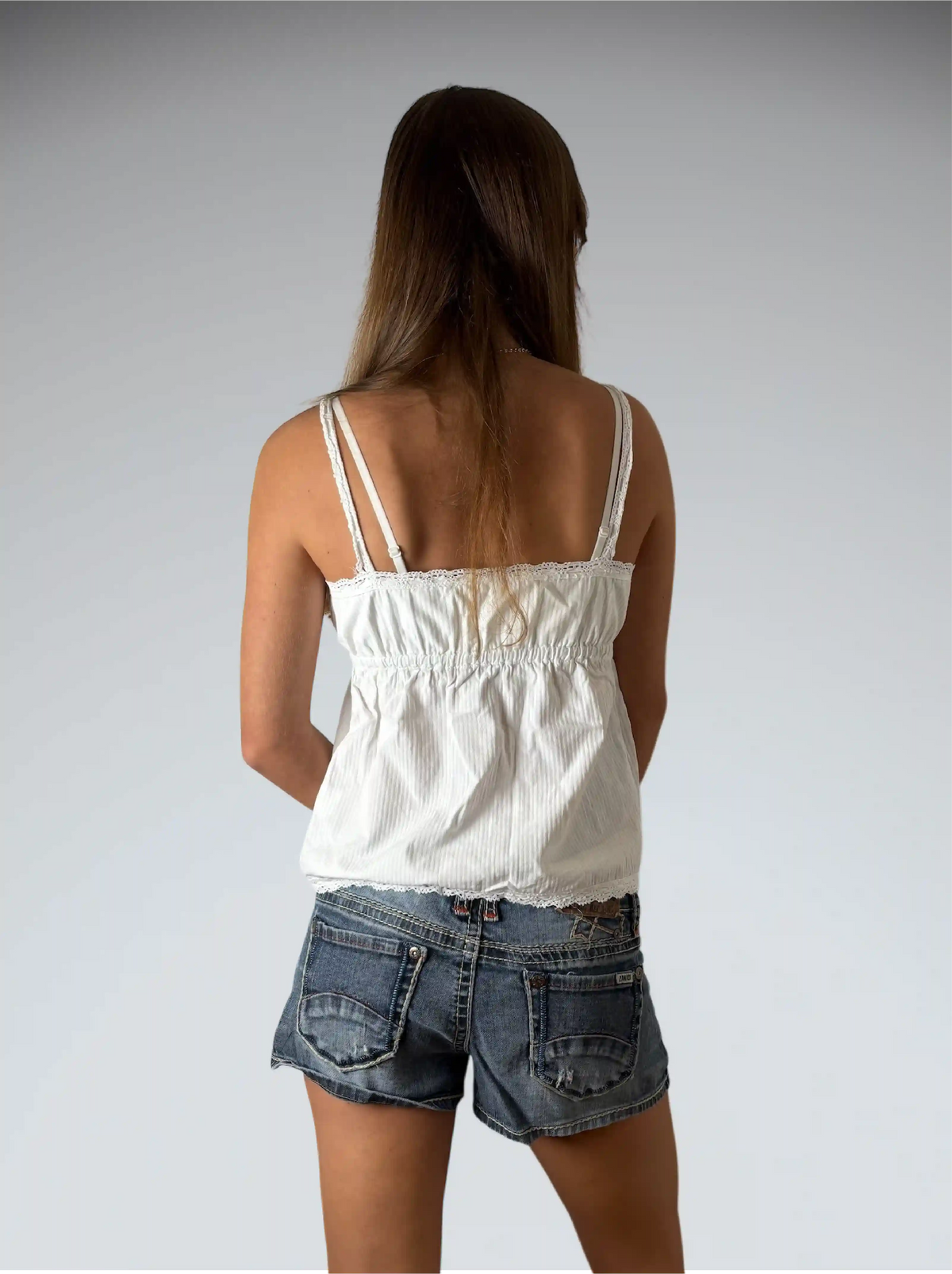 back view, Zanadi Light Wash Rolled Hem Denim Hotpants, vintage Y2K second hand piece