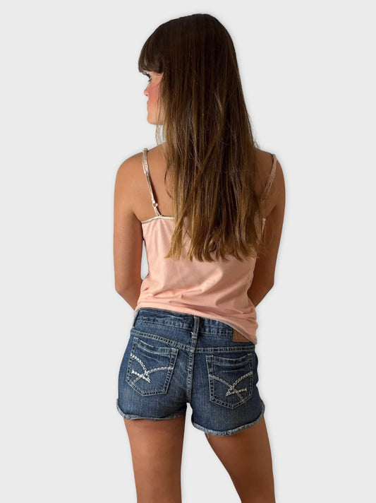 back view, Amtehyst Amethyst Jeans Frayed Hem Vintage Denim Hotpants, vintage Y2K second hand piece