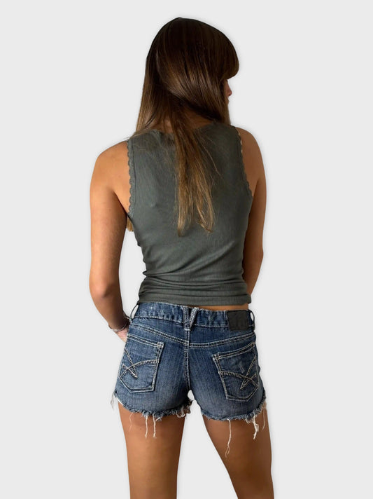back view, Amtehyst Amethyst Distressed Cutoff Denim Hotpants, vintage Y2K second hand piece