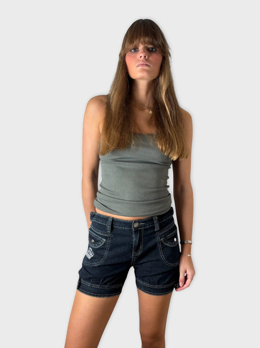 front view, Crown Embroidered Dark Wash Denim Hotpants, vintage Y2K second hand piece