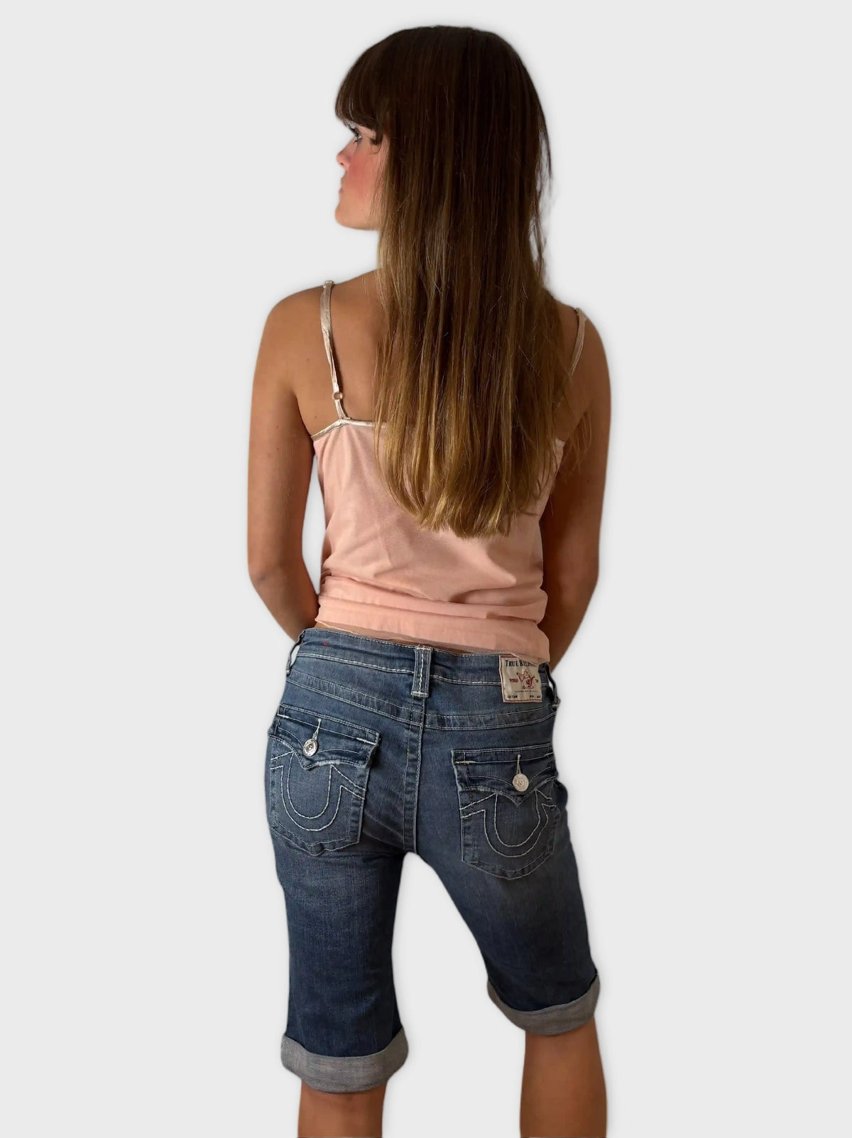 back view, True Religion Light Wash 3/4 Vintage Denim Pants, vintage Y2K second hand piece