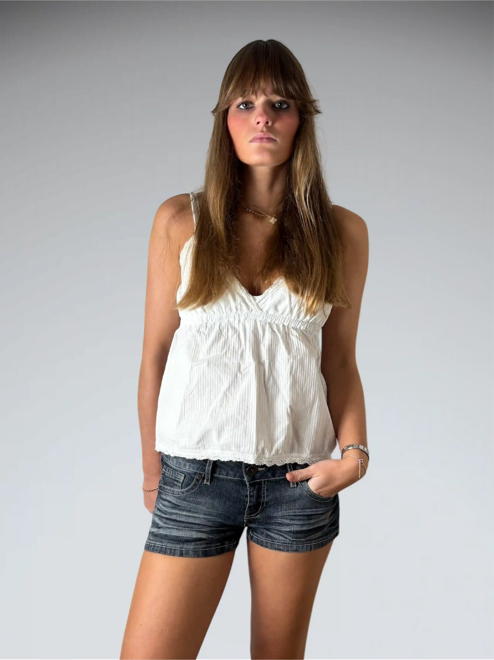 front view, Mudd Grey Wash Vintage Denim Hotpants, vintage Y2K second hand piece