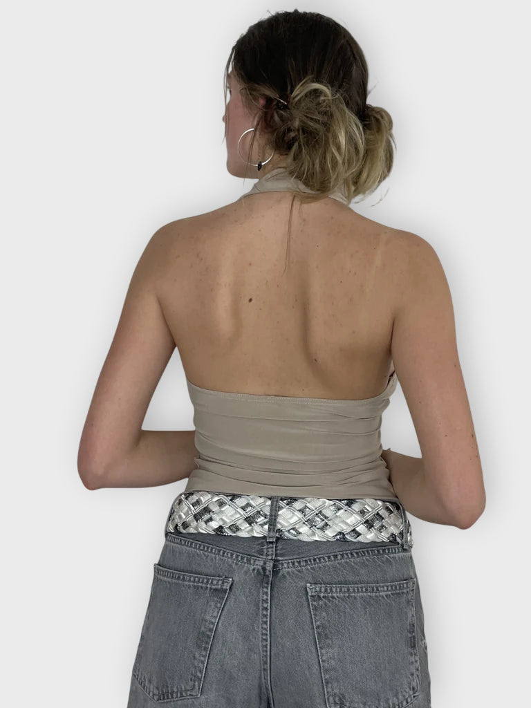back view, Out Beige Neck Holder Top, vintage Y2K second hand piece