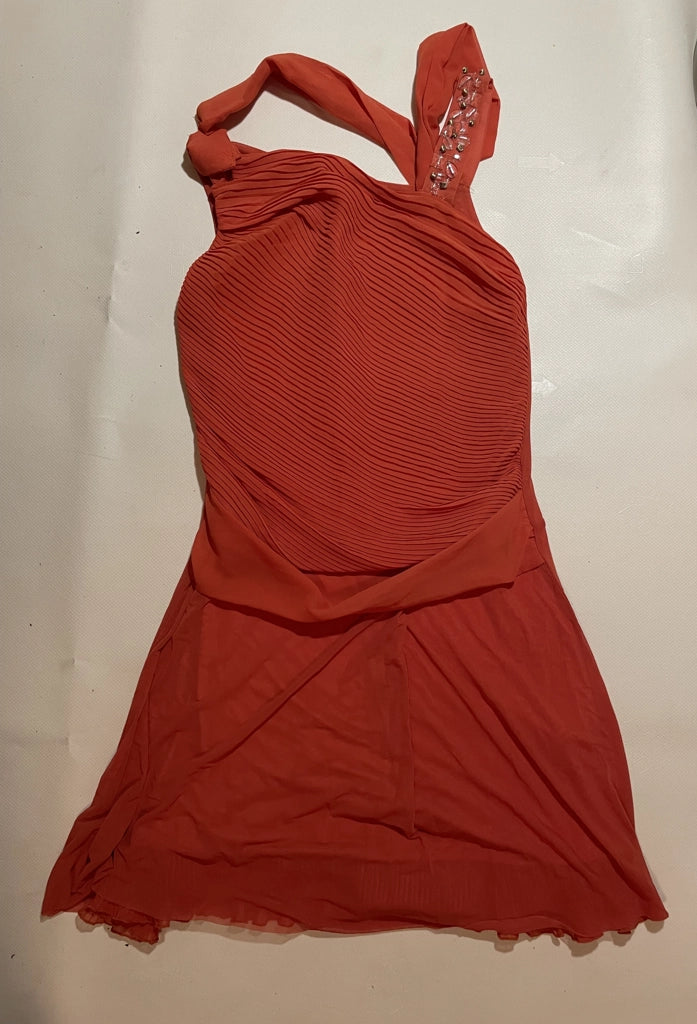 detail view, Vibrant Orange Pleated Asymmetric Mini Dress Joops! Glam, vintage Y2K second hand piece, image 6