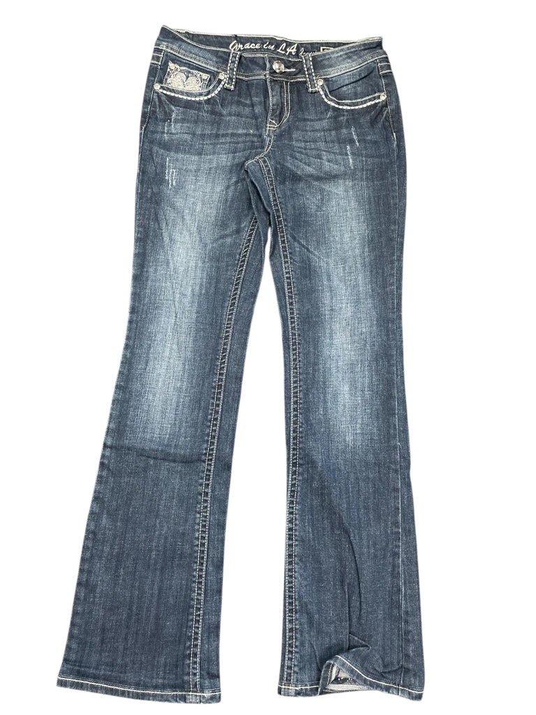 detail view, Grace Dark Blue Embellished Pocket Bootcut Jeans, vintage Y2K second hand piece