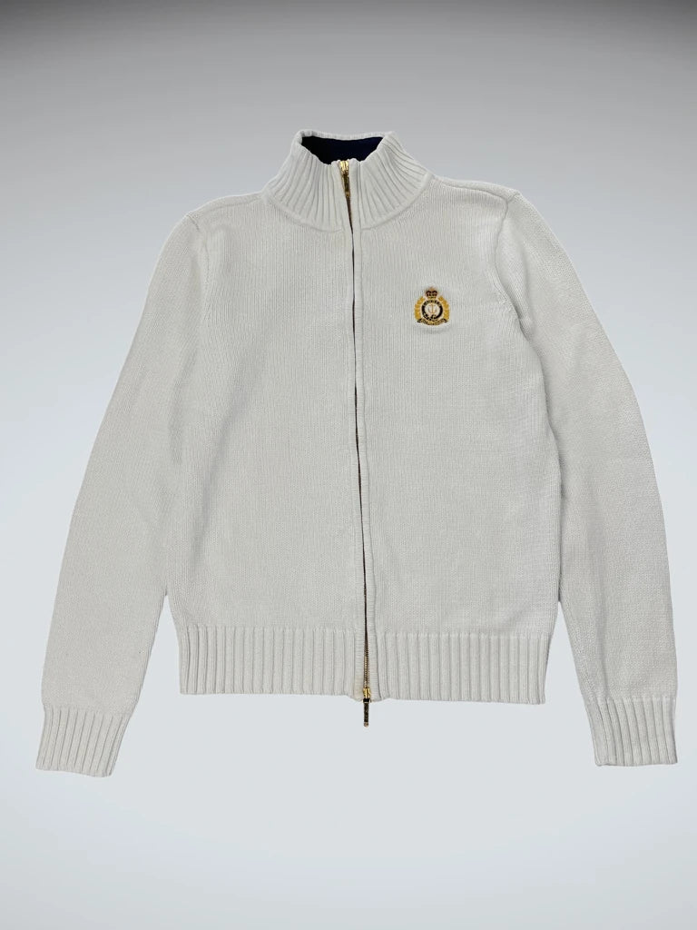 detail view, White Polo Ralph Lauren Full-Zip Sweater with Crest Embroidery, vintage Y2K second hand piece