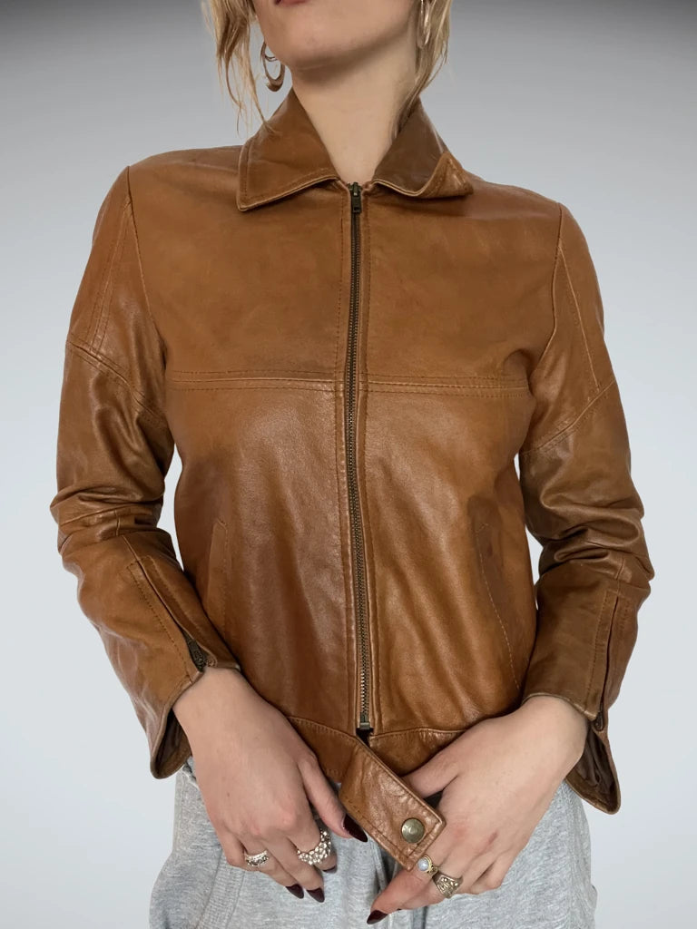 front view, Kartika Brown Faux Leather Jacket, vintage Y2K second hand piece