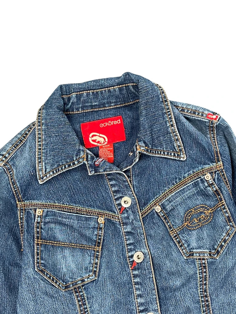 detail view, Ecko Red Fitted Button Up Denim Jacket, vintage Y2K second hand piece, image 4