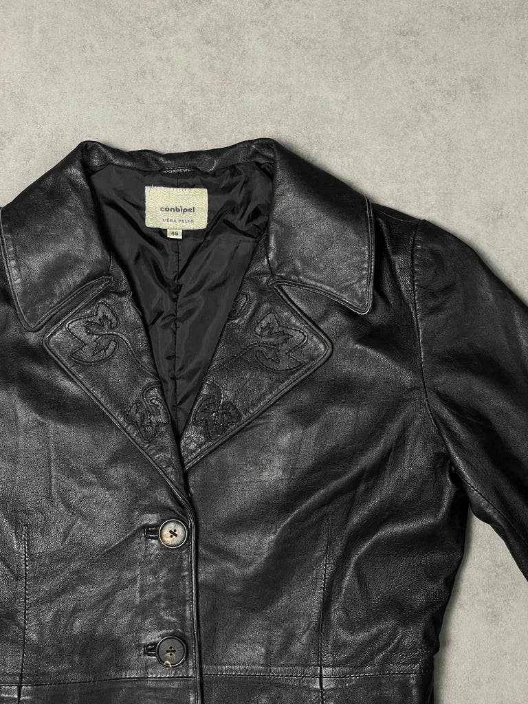 detail view, Conbipel Black Leather Coat, vintage Y2K second hand piece, image 4
