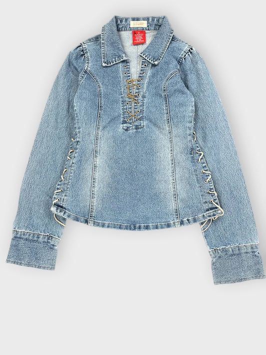 front view, Stone Lace Up Vintage Denim Top, vintage Y2K second hand piece