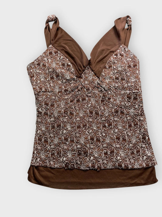 front view, Laura Brown Shimmer Lace Overlay Top, vintage Y2K second hand piece
