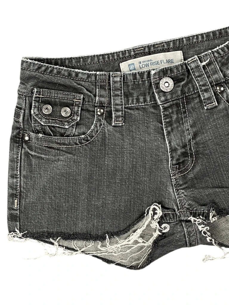 detail view, Low Rise Flare Grey Denim Hotpants, vintage Y2K second hand piece, image 6