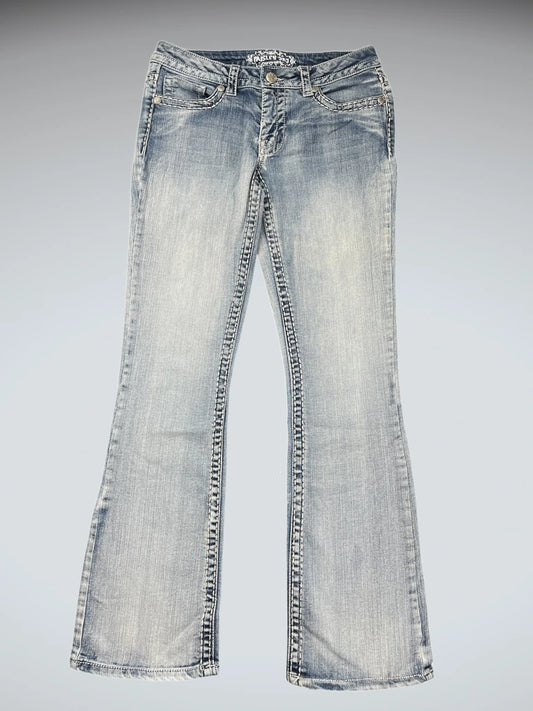front view, Paisley Sky Blue Bootcut Jeans, vintage Y2K second hand piece