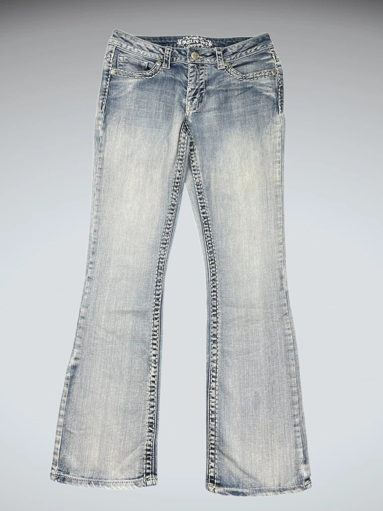 front view, Paisley Sky Blue Bootcut Jeans, vintage Y2K second hand piece